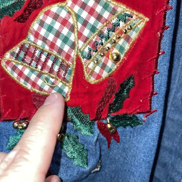 Victoria Jones Vintage Christmas Jean Button Top Blue Denim Embroidered Size Med - Picture 9 of 12